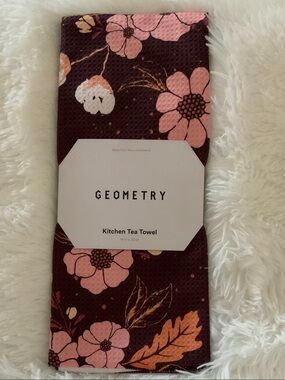 Geometry Floral Kitchen Tea Towel - Pink on Maroon